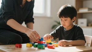 Adult and child playing with blocks during ABA therapy.