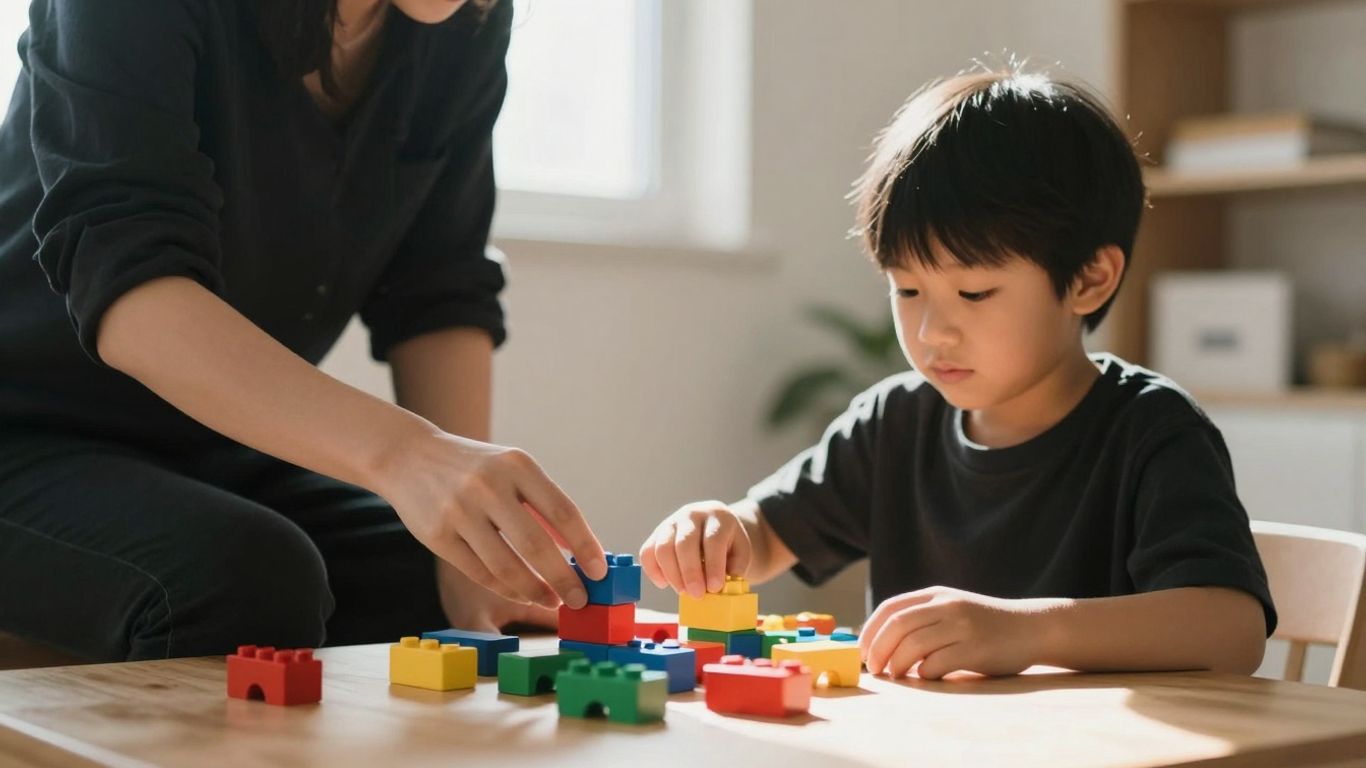 Adult and child playing with blocks during ABA therapy.