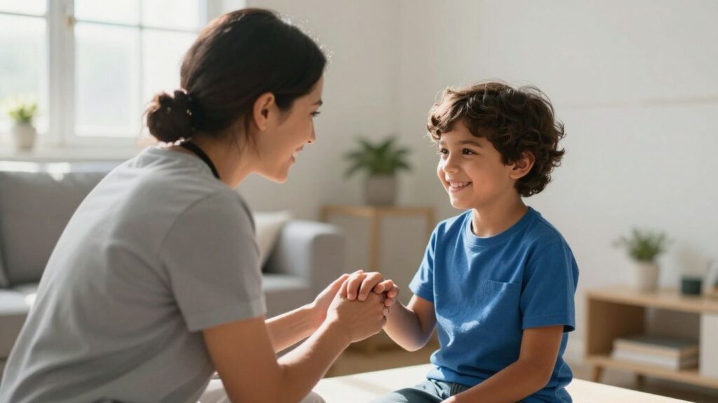 Child and therapist interacting positively in a therapy session.